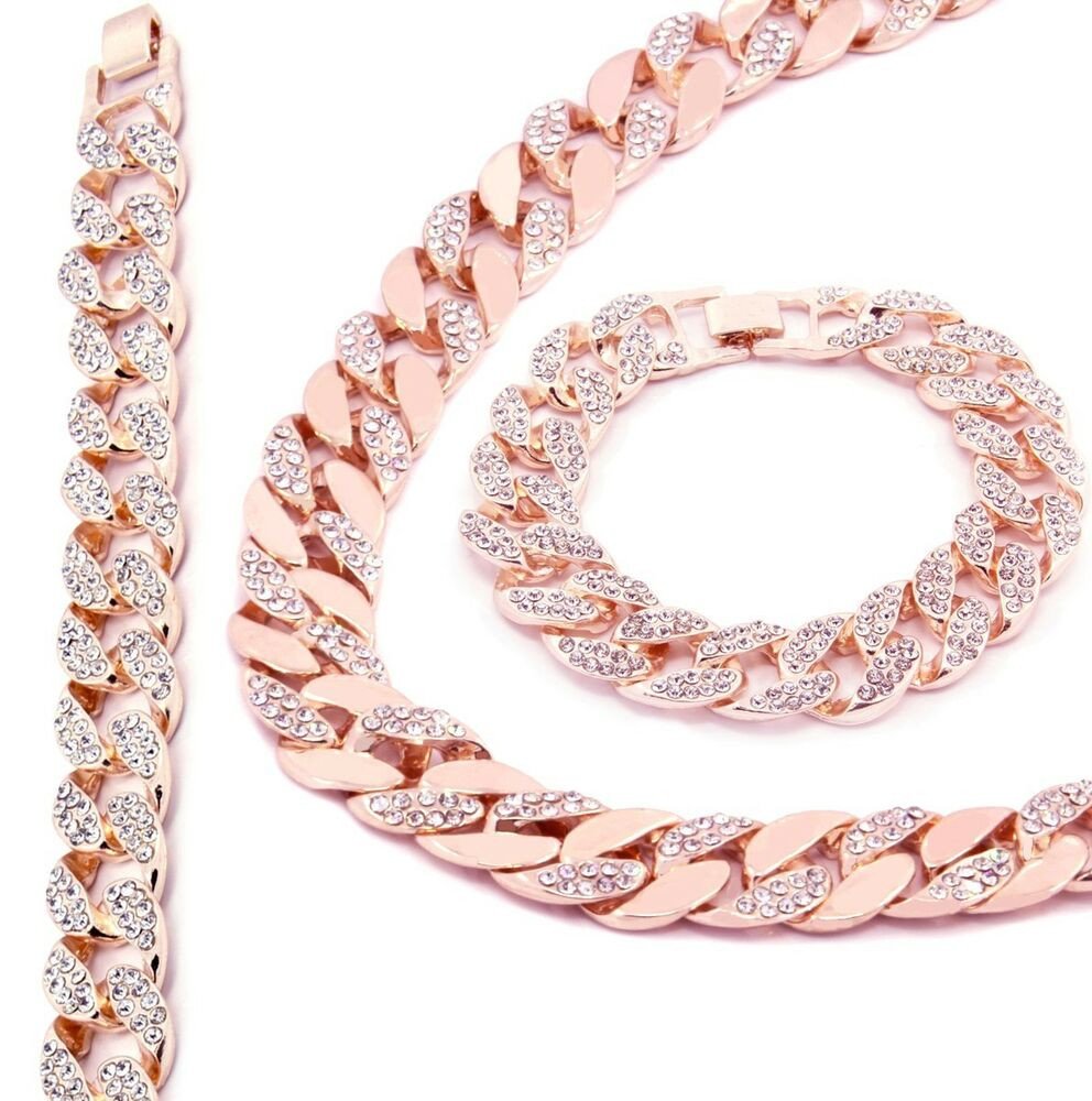 Rose Gold Necklace Chain
 Rose Gold Finish Iced Out Hip Hop CZ Chain & Bracelet Mens