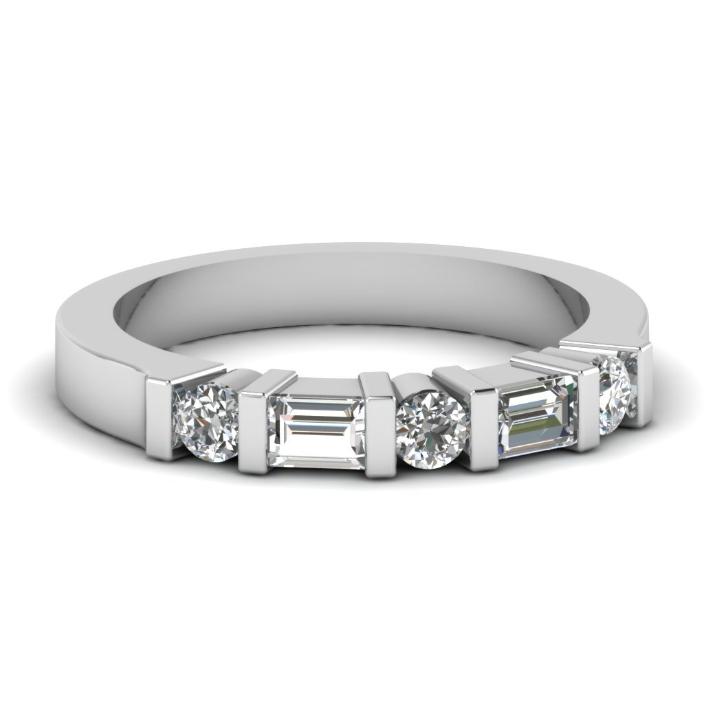 Round And Baguette Diamond Wedding Band
 White Gold Round Baguette White Diamond Wedding Band In