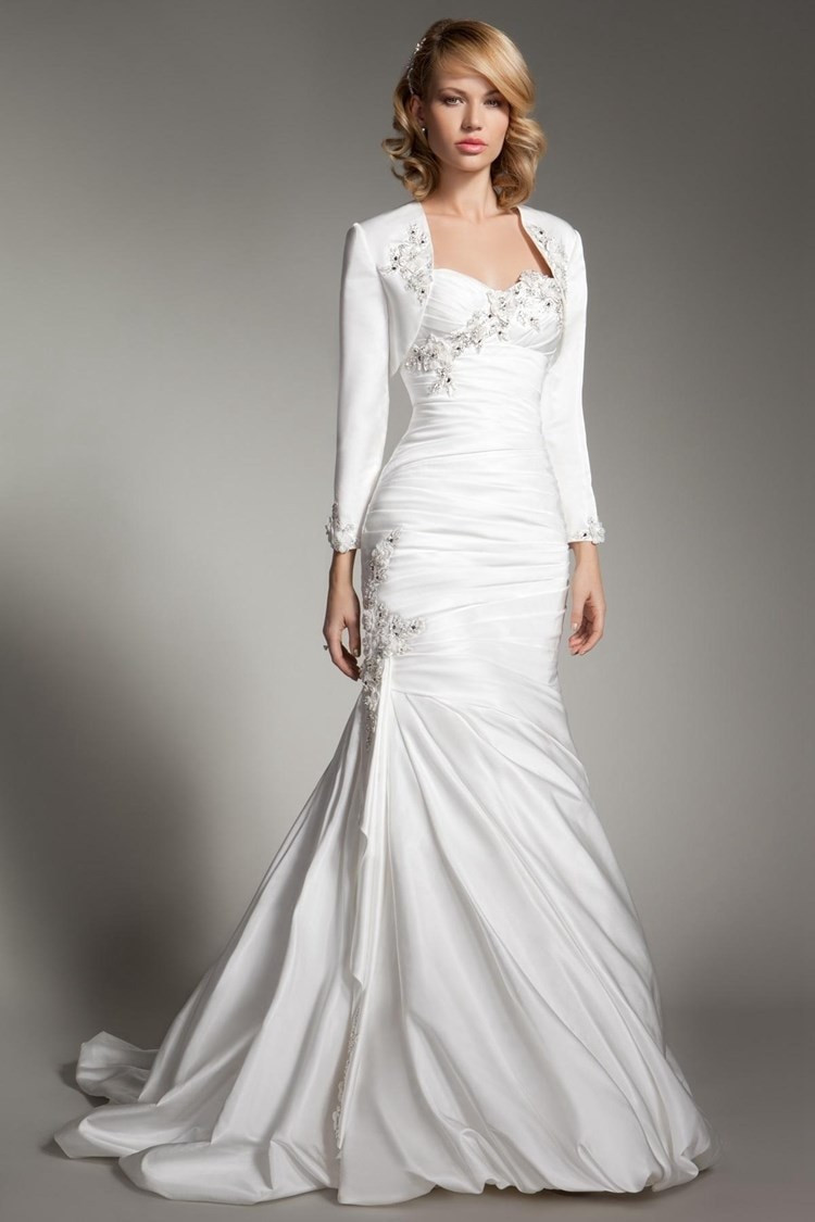 Ruched Wedding Gowns
 2015 Vintage Long Sleeve Satin Mermaid Wedding Dresses
