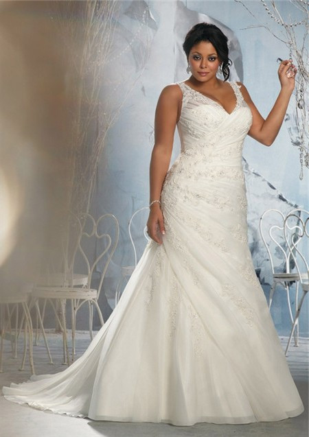 Ruched Wedding Gowns
 A Line V Neck Sheer Straps Ruched Organza Lace Plus Size