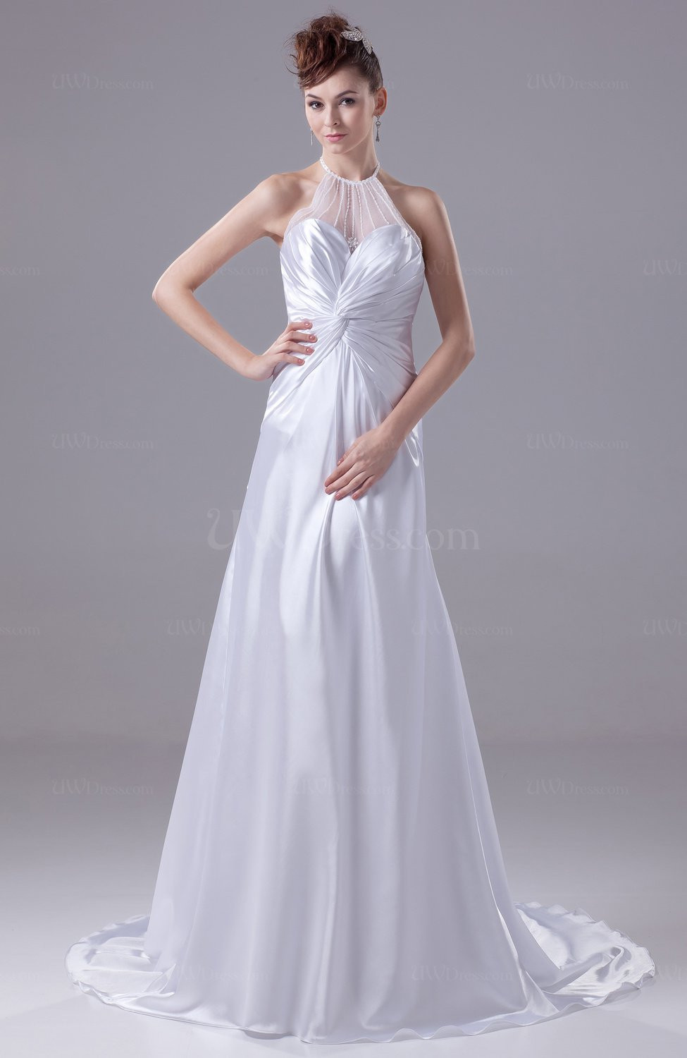 Ruched Wedding Gowns
 White Plain Garden Illusion Sleeveless Court Train Ruching