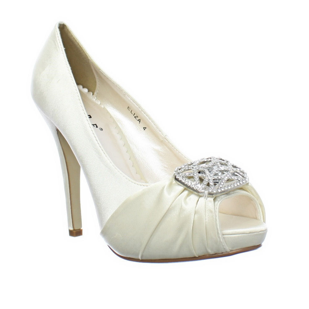 Satin Ivory Wedding Shoes
 WOMENS CHAMPAGNE IVORY SATIN DIAMANTE PEEP TOE WEDDING