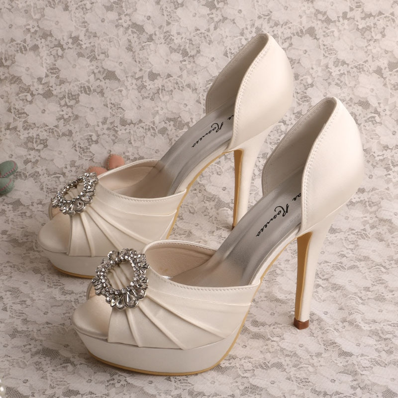 Satin Ivory Wedding Shoes
 Wedopus MW555 Women Platform Peep Toe Ivory Satin Wedding