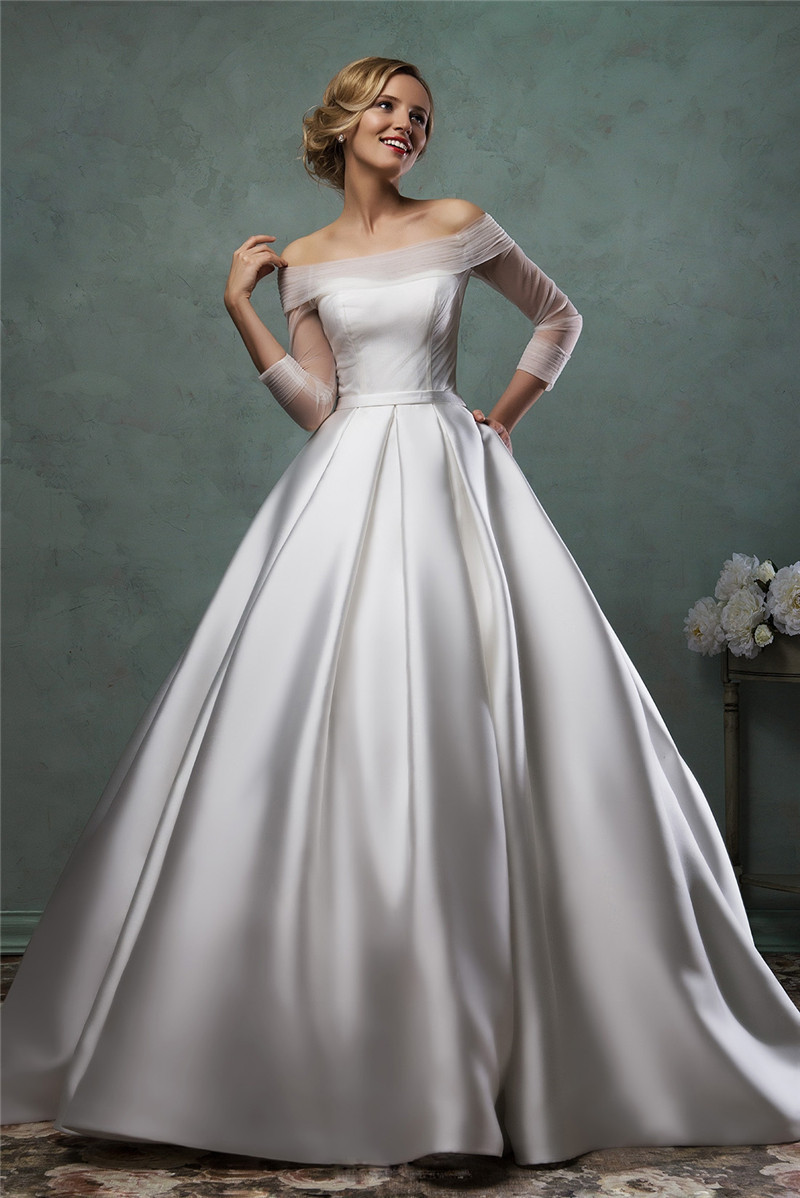 Satin Wedding Dresses
 Long Sleeve Satin Wedding Dress 2015 f The Shoulder