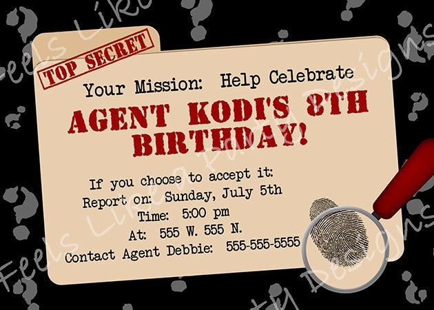 Secret Agent Birthday Party
 Custom Secret Agent Spy Party Invite