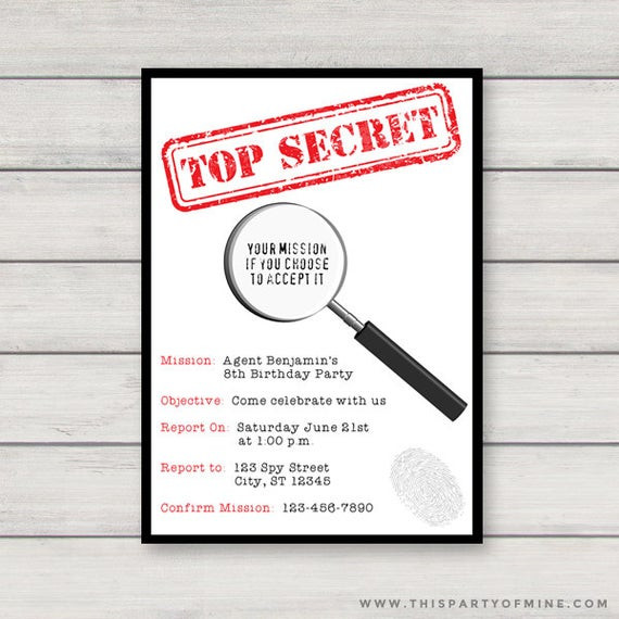 Secret Agent Birthday Party
 Spy Invitation PRINTABLE Secret Agent Birthday Party