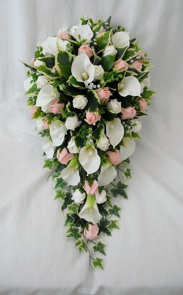 Silk Flower Wedding Bouquets
 BRIDES TEARDROP BOUQUET CALA LILIES PEACH ROSES