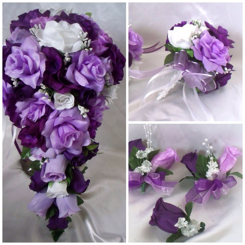 Silk Flower Wedding Bouquets
 Wedding Bridal Bouquet Cascading Lavender Purple Lily Silk