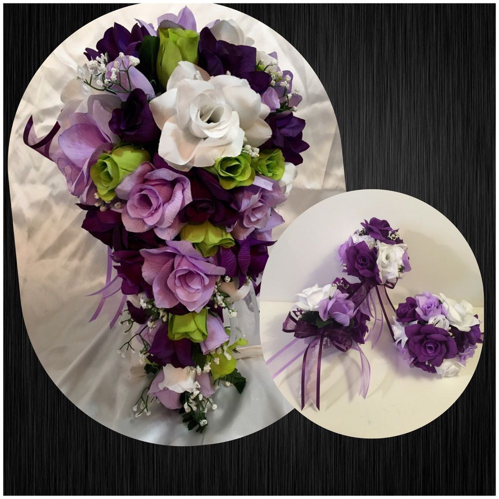 Silk Flowers Wedding
 Wedding Bridal Bouquet Package Lavender Purple Green Silk