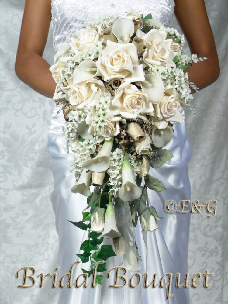 Silk Flowers Wedding
 BEAUTIFUL CREAM GOLD Bouquet Wedding Bouquets Bridal