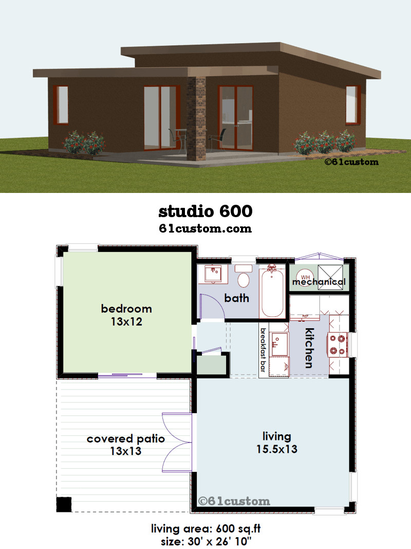 Small 2 Bedroom House
 studio600 is a 600sqft contemporary small house plan with