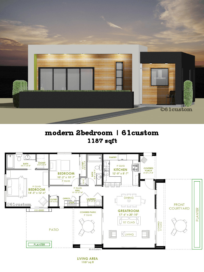 Small 2 Bedroom House
 This modern house plan offers two bedrooms two bathrooms