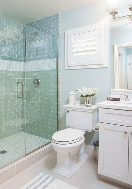 Small Beach Bathroom Ideas
 Blue Cottage Bathroom with Blue Subway Shower Tiles