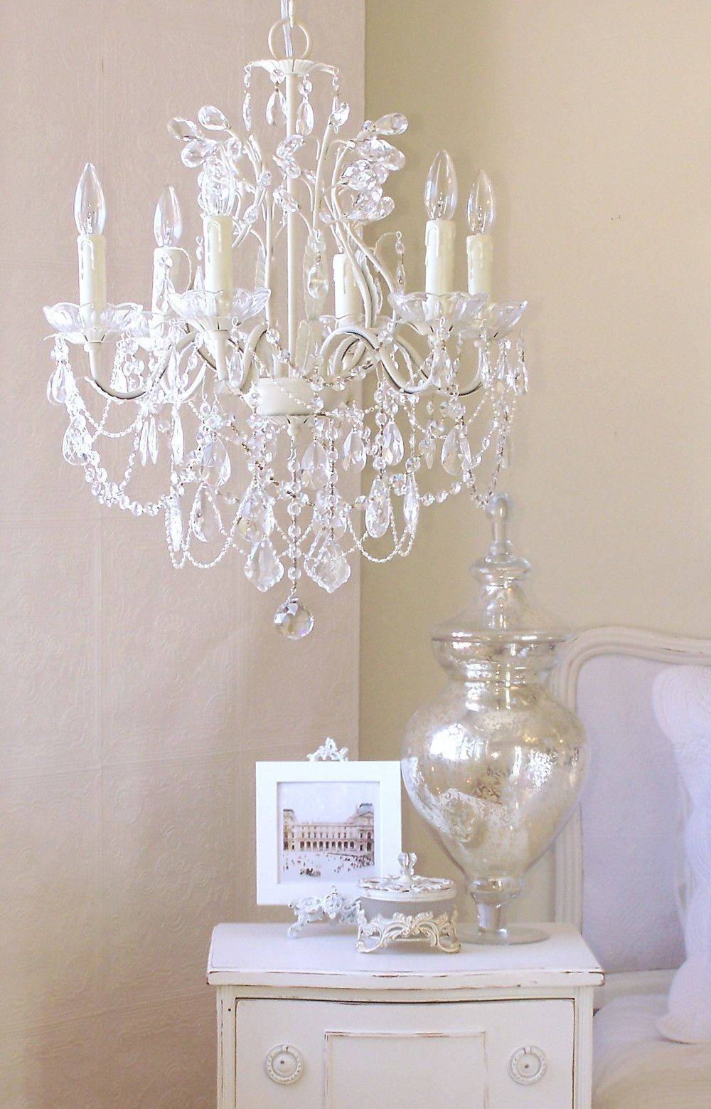 Small Chandelier For Bedroom
 5 Light Antique White Chandelier with Pink Rose Shades