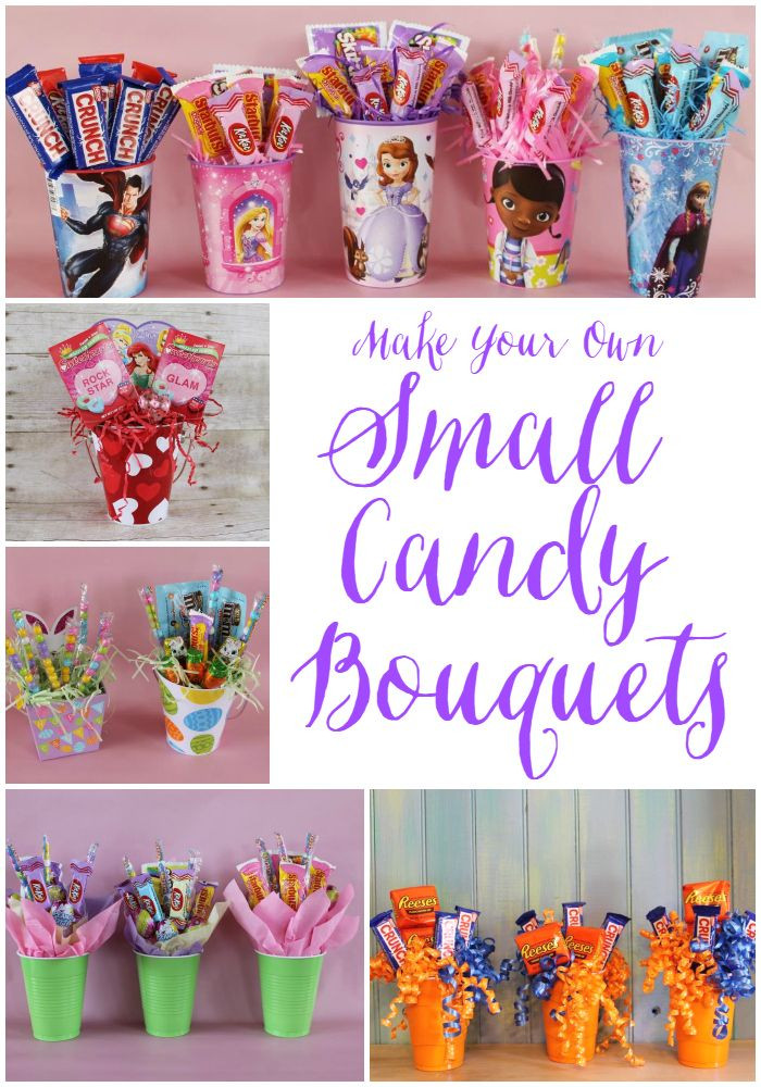 Small Gift Basket Ideas
 Small candy bouquets made in inexpensive containers are