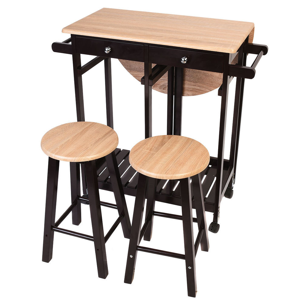 Small Kitchen Table With Stools
 3PC Wood Kitchen Island Rolling Cart Set Dinning Drop Leaf