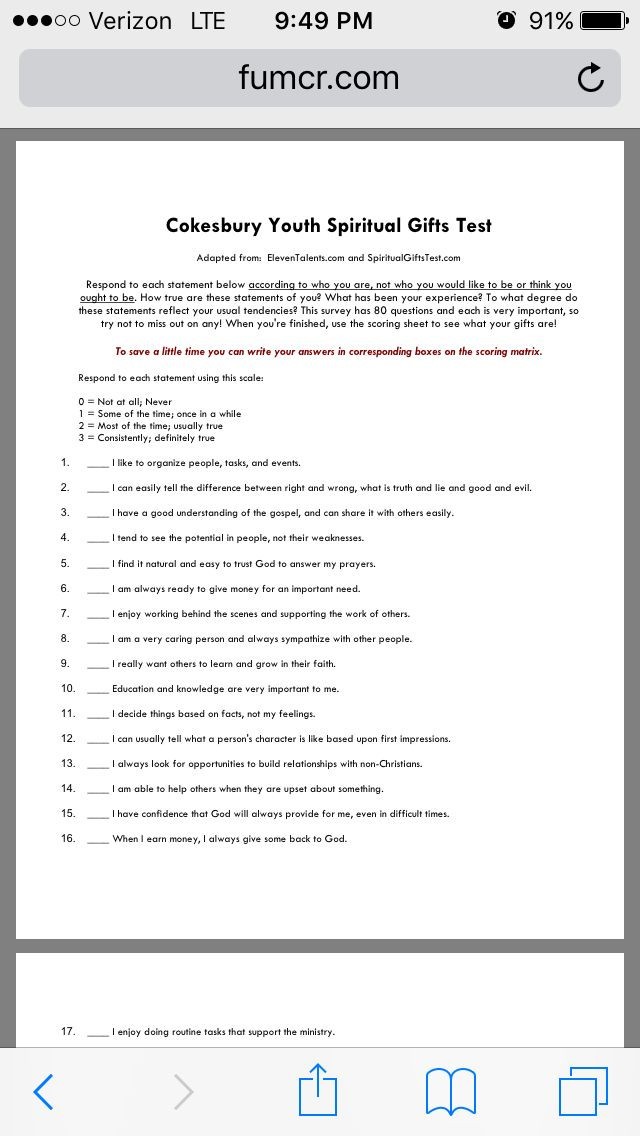 Spiritual Gifts Test For Kids
 Youth Spiritual Gifts Test page 1 kids