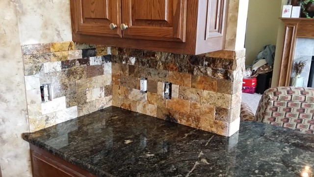 Split Face Tile Kitchen Backsplash
 Scabos Split face tile backsplash with Cordoba Granite