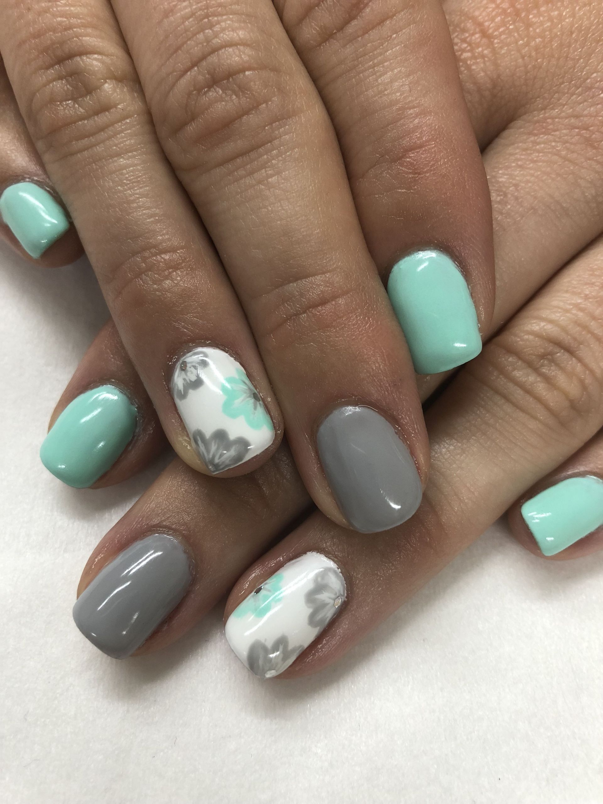 Spring Gel Nail Ideas
 Mint Grey Hand Painted Flower Spring Gel Nails