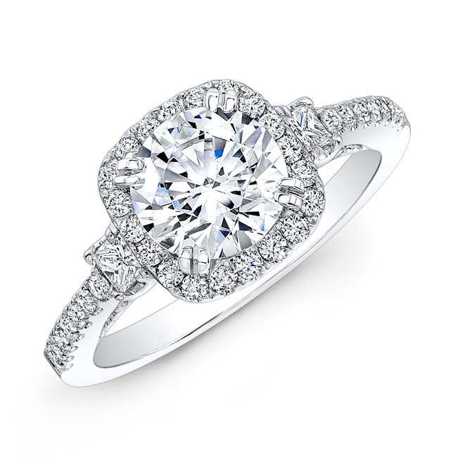 Square Cut Diamond Engagement Rings
 18k White Gold Square Halo Princess cut Diamond Side Stone