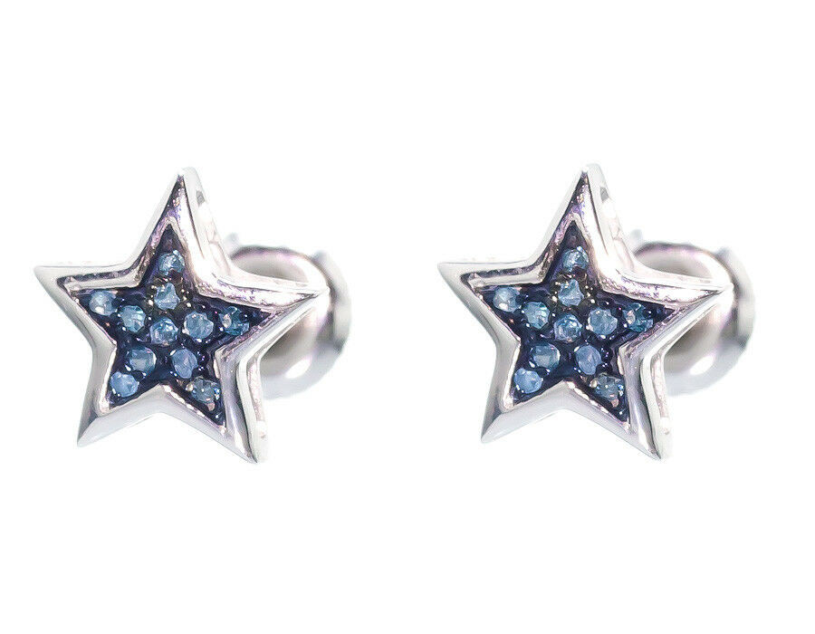 Star Stud Earrings
 10k White Gold Mens La s 7mm Blue Genuine Diamond Star
