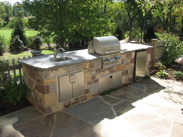 Stone Outdoor Kitchen
 Custom Outdoor Kitchen with Flagstone Patio Traditional