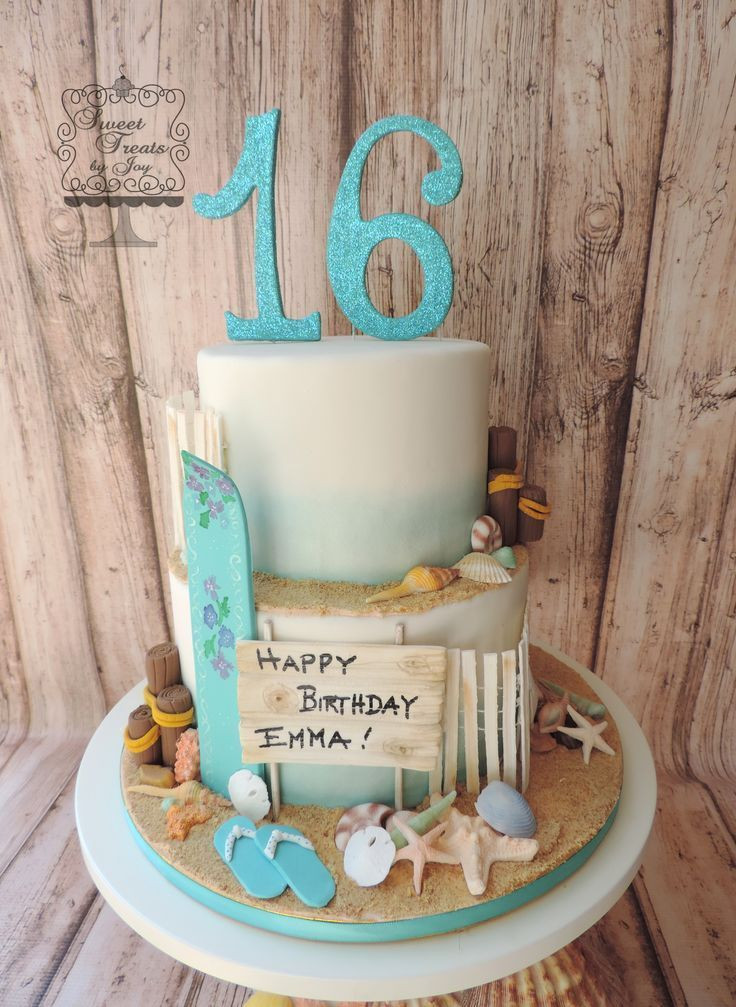 Sweet 16 Beach Party Ideas
 Beach cake for Sweet 16 birthday Surfboard shells and
