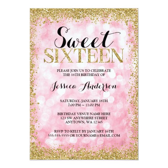 Sweet 16 Birthday Invitations
 Pink Gold Faux Glitter Lights Sweet 16 Birthday Invitation