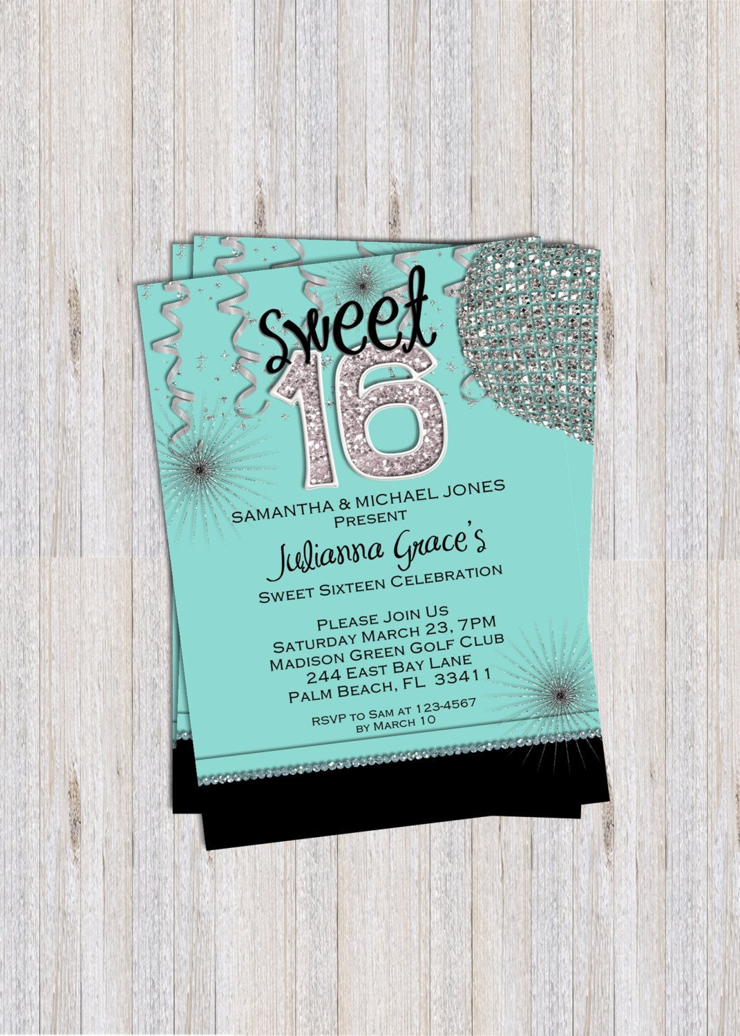Sweet 16 Birthday Invitations
 Sweet 16 Birthday Invitation Quinceanera Blue Custom