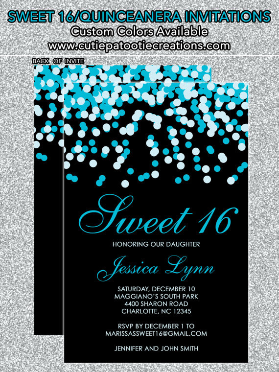 Sweet 16 Birthday Invitations
 Teal Blue & Black Confetti Sweet 16 Birthday Invitations