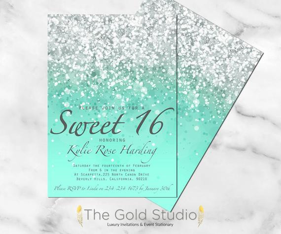 Sweet 16 Birthday Invitations
 Printable Sweet 16 invitation Mint green glitter Sweet sixteen