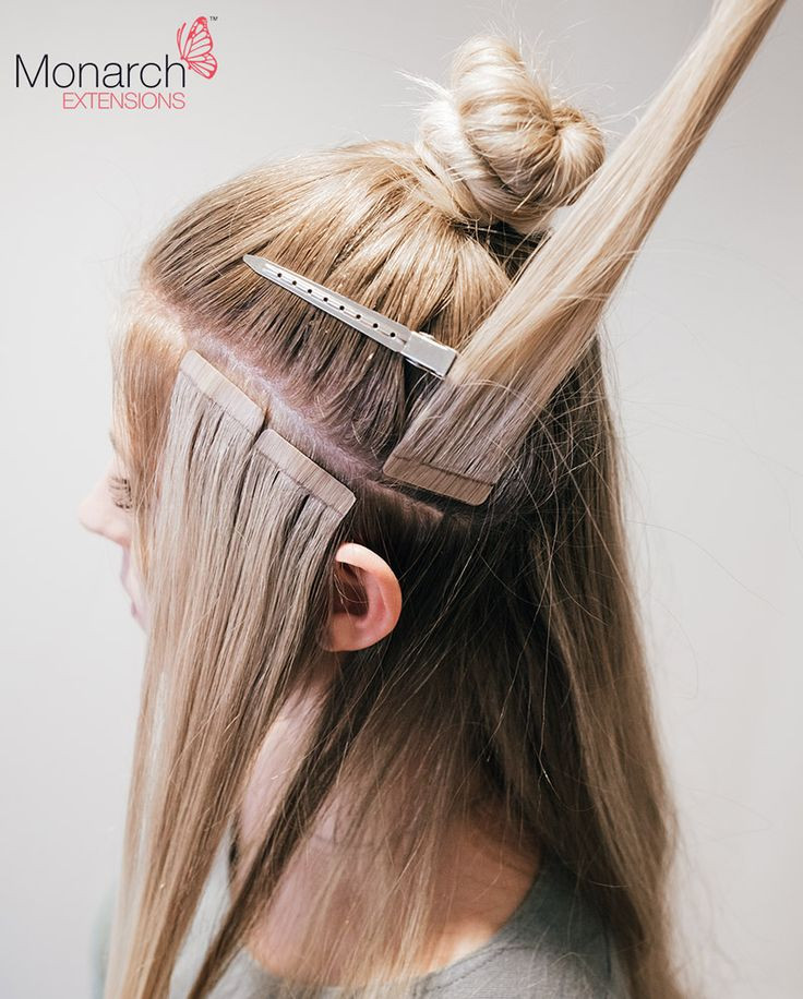 Tape In Hair Extensions DIY
 Monarch Extensions Top Knot Tape In Method Diagonal Back