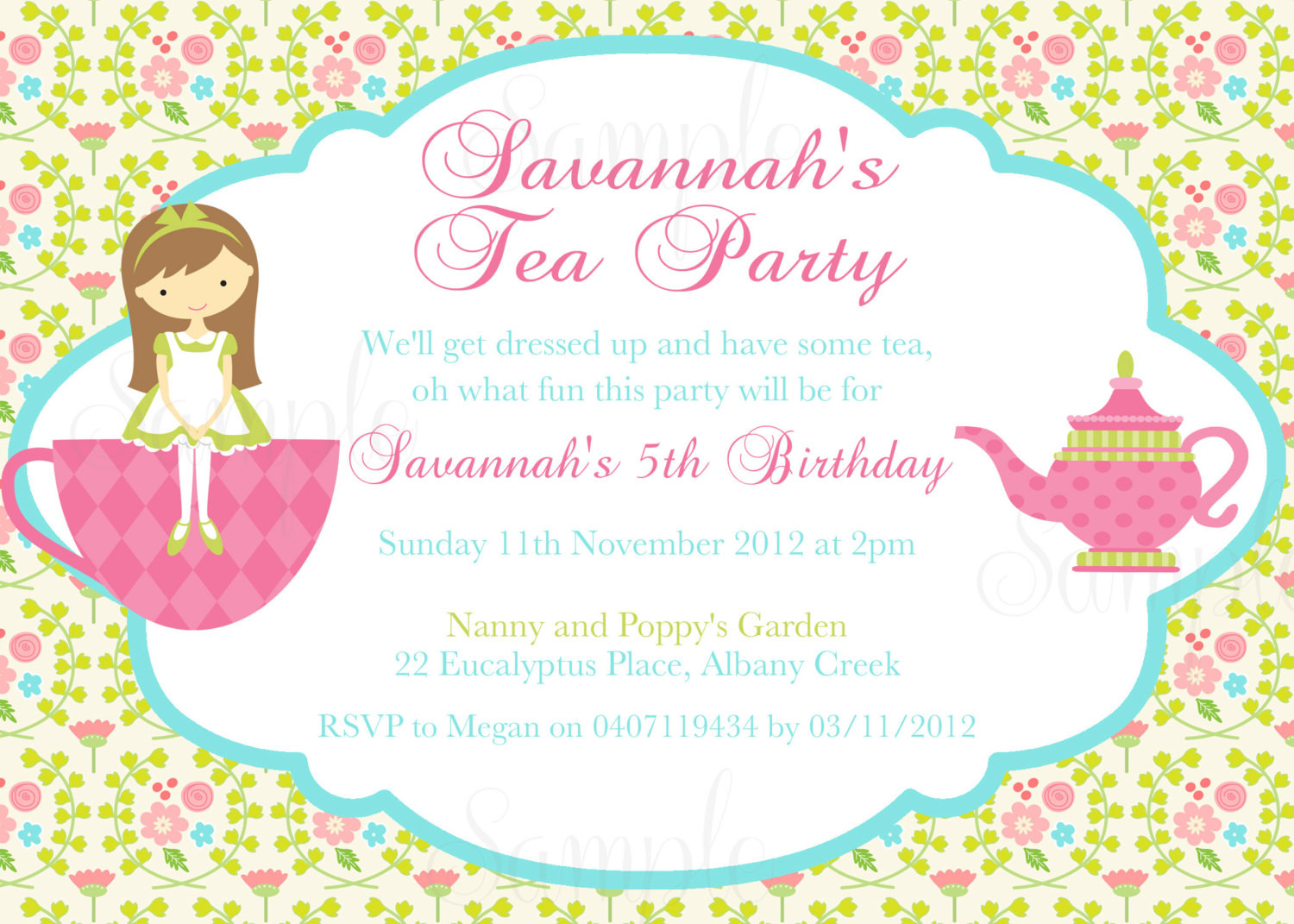 Tea Party Birthday Invitation
 Tea Party Birthday Theme Printable Invitation and Gift Favor