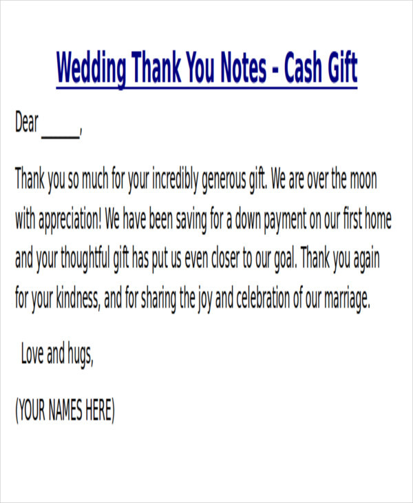 Thank You Notes For Wedding Gifts
 Sample Thank You Note for Money 7 Examples in Word PDF