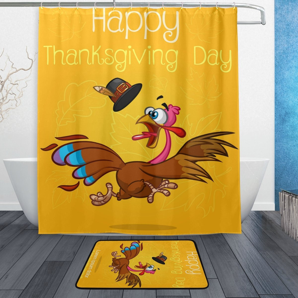 Thanksgiving Bathroom Set
 Happy Thanksgiving Shower Curtain and Mat Set Turkey