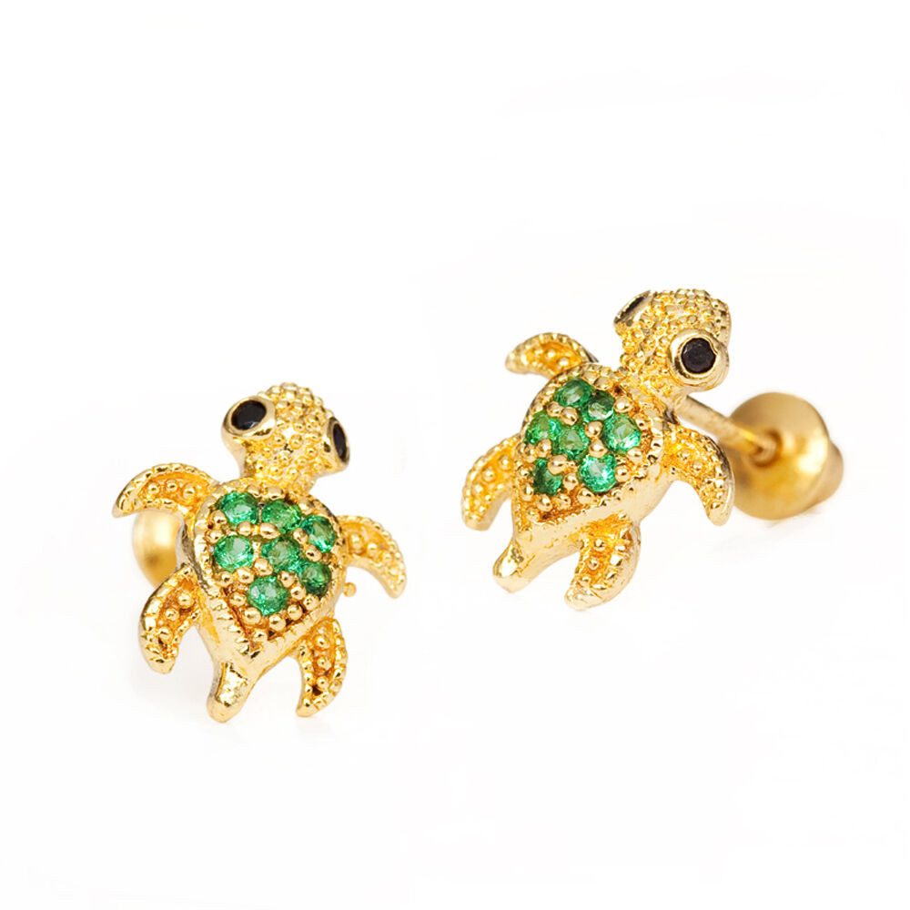 Toddler Gold Earrings
 14k Gold Plated Green Turtle Children Screwback Baby Girls