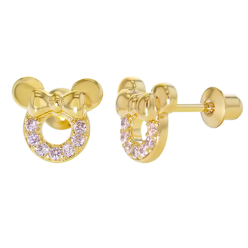Toddler Gold Earrings
 Gold Filled 18k Baby Screw Back Earrings Pink Crystal