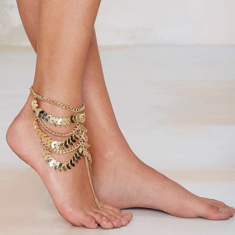 Toe Rings And Anklet
 Multi layer Tassels GoldColor Anklet Vintage Multi Layered