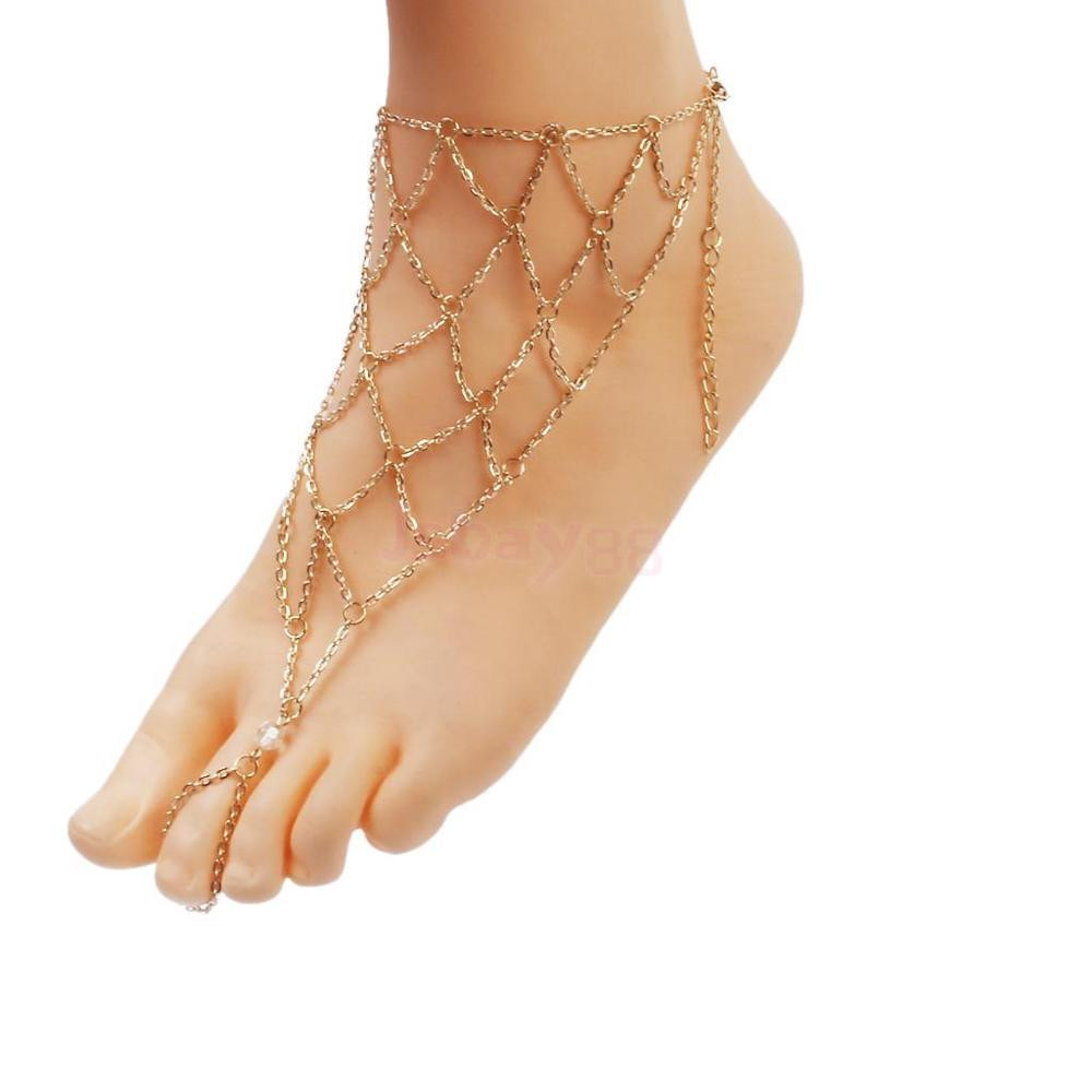 Toe Rings And Anklet
 Gold FISHNET SLAVE Anklet Toe Ring Bracelet Foot Chain