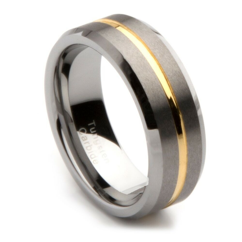 Tungsten Male Wedding Bands
 Mens Tungsten Carbide Gold Grooved Wedding Band 8mm