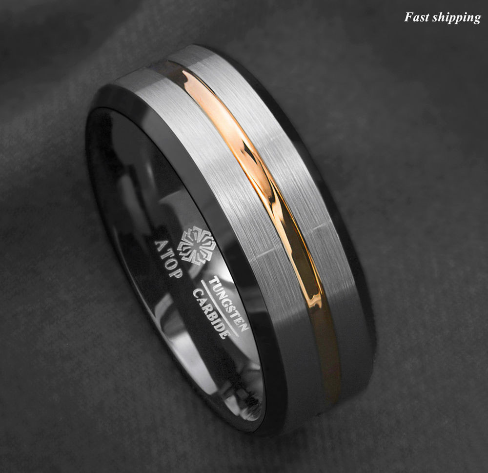 Tungsten Male Wedding Bands
 8Mm Silver Brushed Black edge Tungsten Ring Gold Stripe