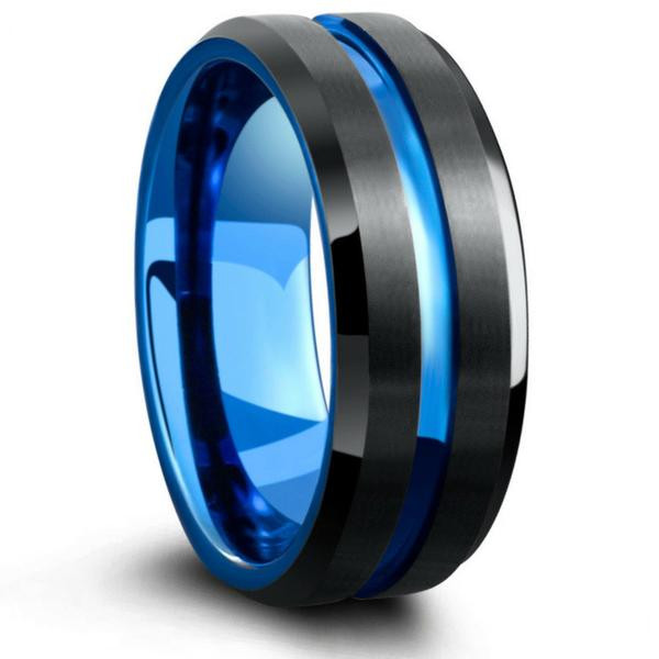 Tungsten Wedding Bands
 Mens Tungsten Wedding Band With Carved Blue Channel