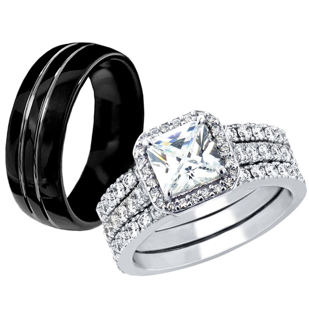 Tungsten Wedding Ring Sets
 Hers 925 Sterling Silver CZ His Black Tungsten Engagement
