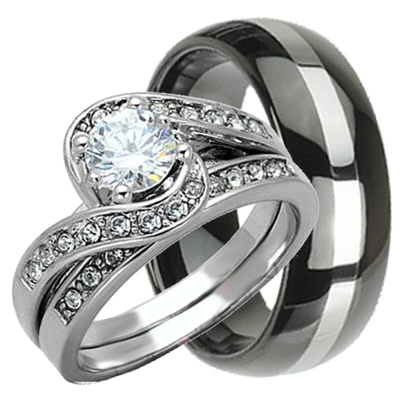 Tungsten Wedding Ring Sets
 His & Hers 3 pcs Womens STERLING SILVER & Mens TUNGSTEN