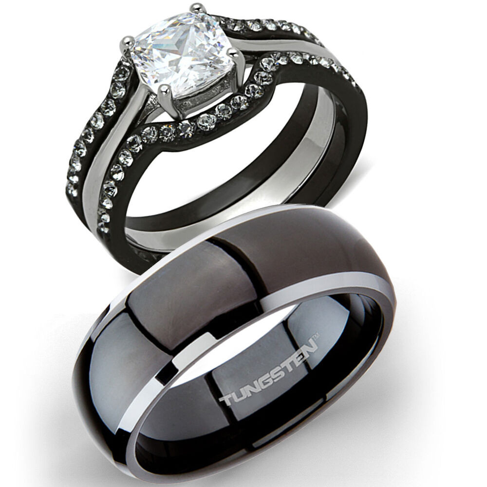 Tungsten Wedding Ring Sets
 His Tungsten & Hers 4 Pc Black Stainless Steel Wedding