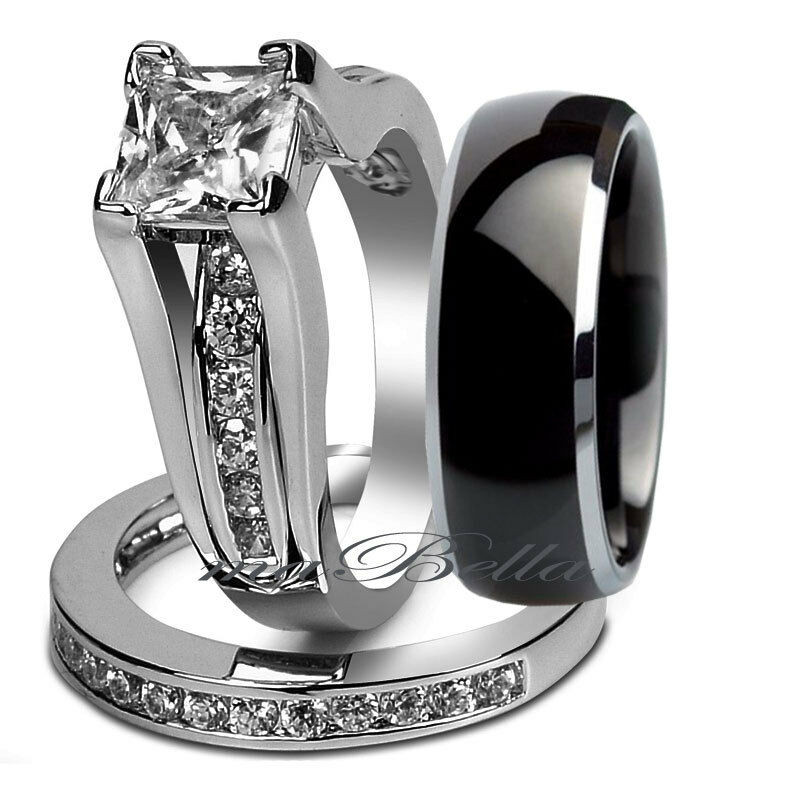 Tungsten Wedding Ring Sets
 3 pcs Black Mens Tungsten & Womens Stainless Steel