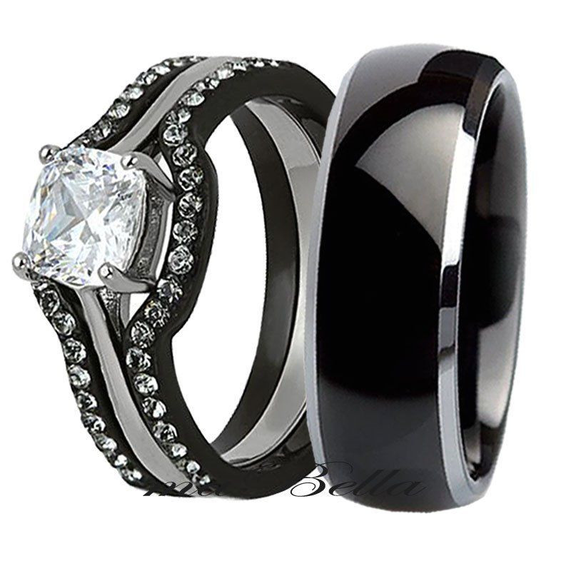 Tungsten Wedding Ring Sets
 His Tungsten Her 4 Piece Black Stainless Steel Wedding