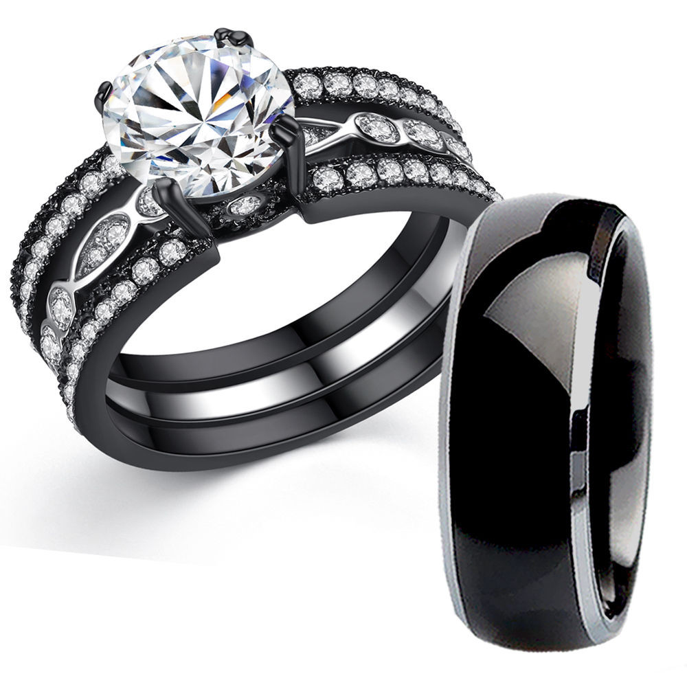 Tungsten Wedding Ring Sets
 His Tungsten Hers Black Stainless Steel Bridal Wedding
