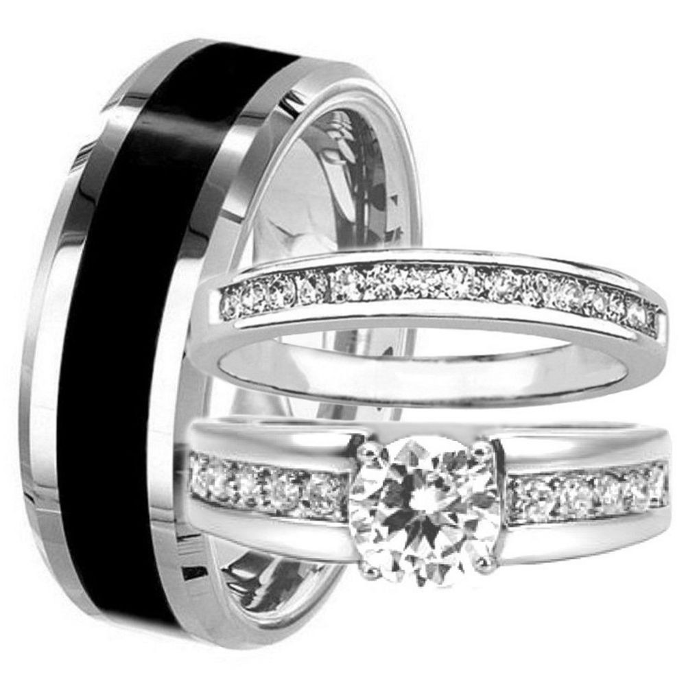 Tungsten Wedding Ring Sets
 3 pc TUNGSTEN Mens & Womens Engagement Wedding Band Rings
