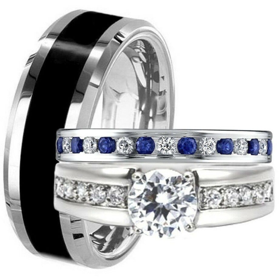 Tungsten Wedding Ring Sets
 Black TUNGSTEN & STAINLESS STEEL His Hers Blue Sapphire CZ